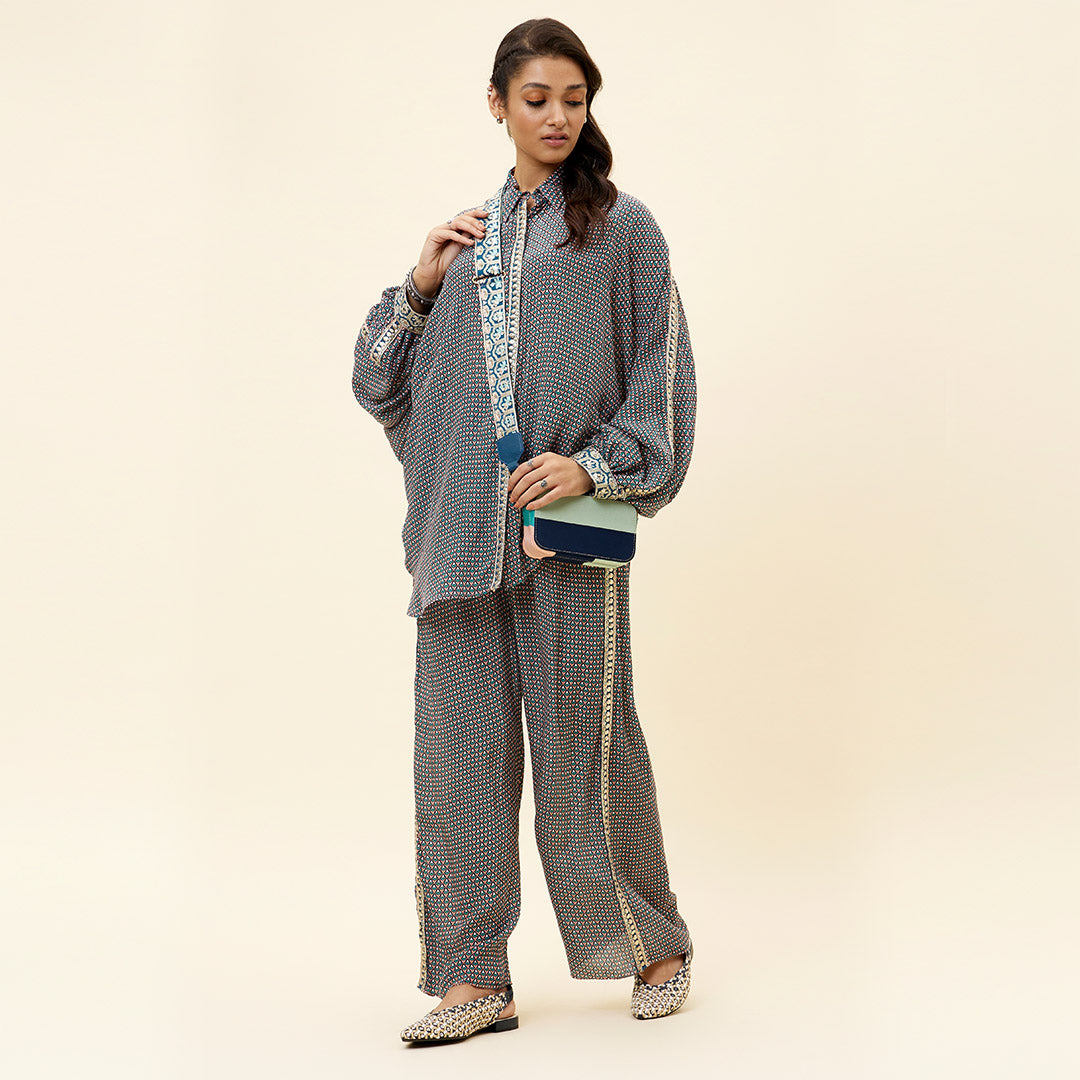 PINK BUTTI PRINT OVERSIZED CO ORD SET WITH EMBELLSIHED METAL