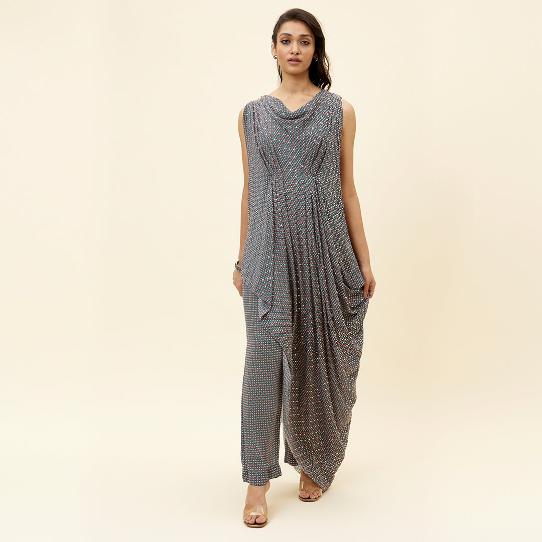 PINK BUTTI PRINT EMELLISHED DRAPED TOP TEAMD WITH PANTS