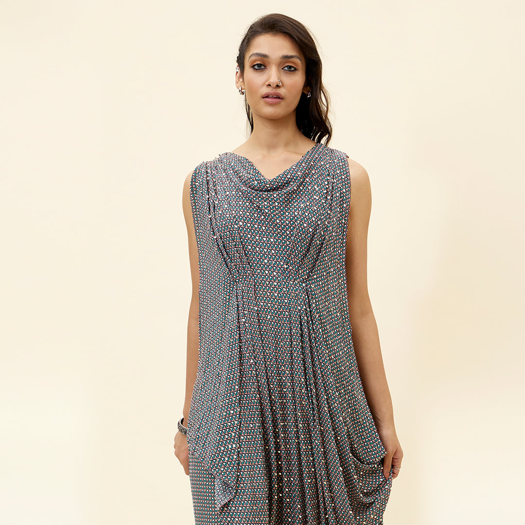 PINK BUTTI PRINT EMELLISHED DRAPED TOP TEAMD WITH PANTS