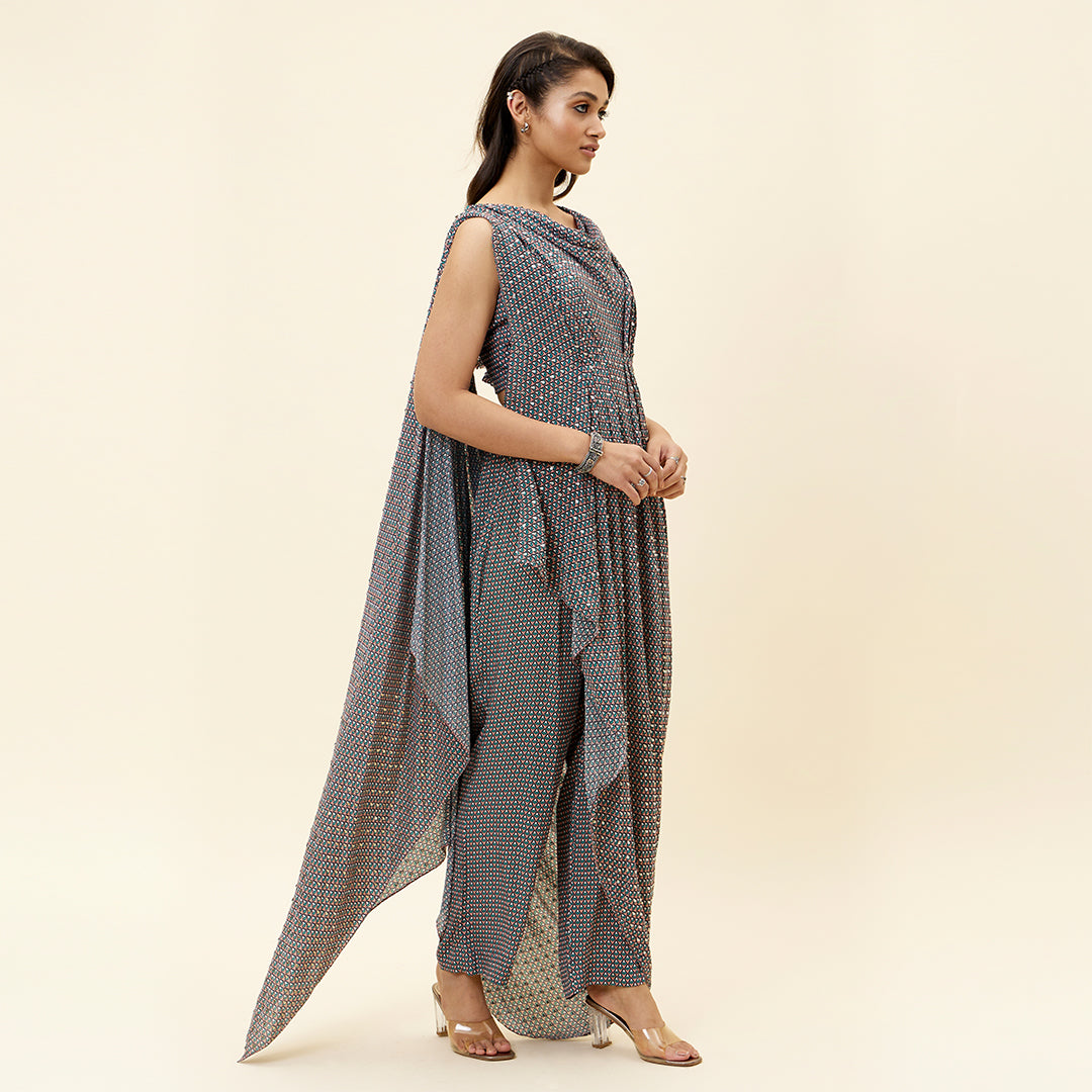 PINK BUTTI PRINT EMELLISHED DRAPED TOP TEAMD WITH PANTS