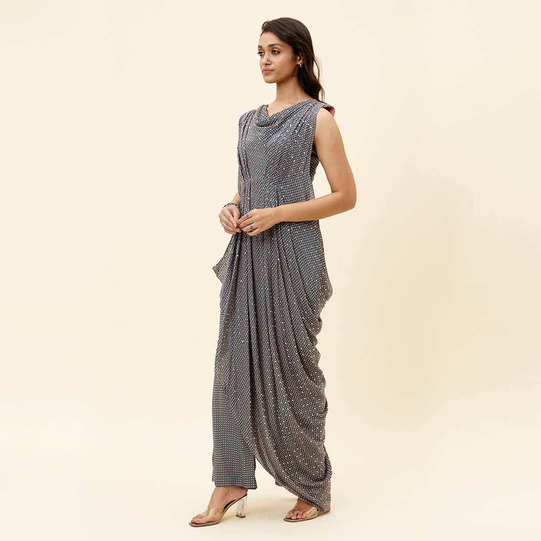 PINK BUTTI PRINT EMELLISHED DRAPED TOP TEAMD WITH PANTS