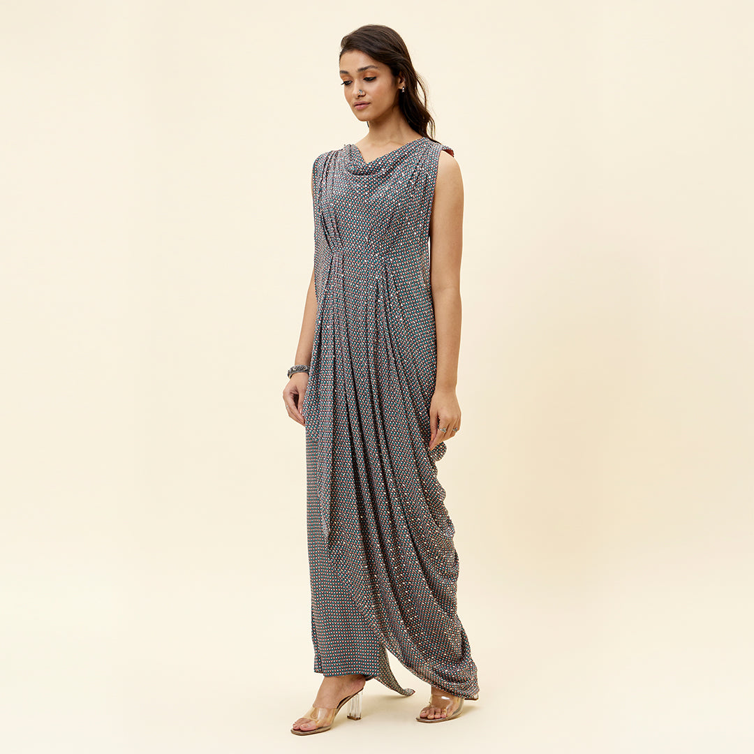 PINK BUTTI PRINT EMELLISHED DRAPED TOP TEAMD WITH PANTS