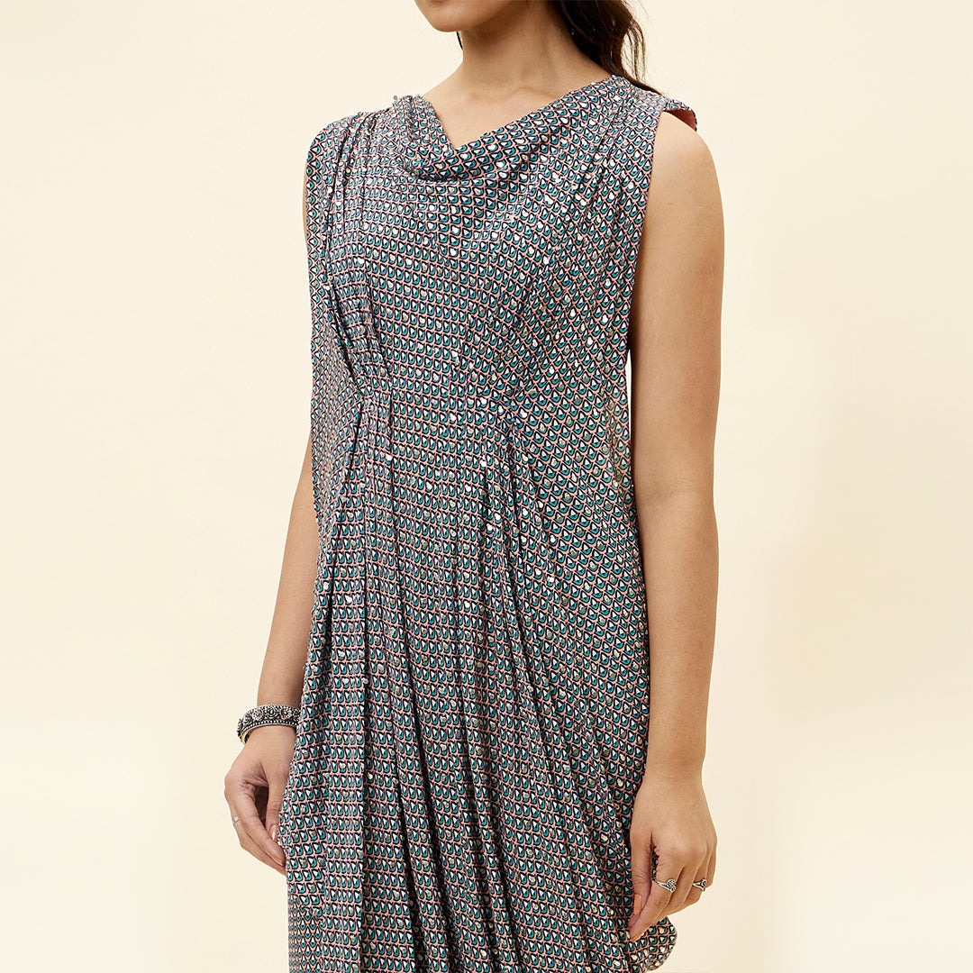 PINK BUTTI PRINT EMELLISHED DRAPED TOP TEAMD WITH PANTS
