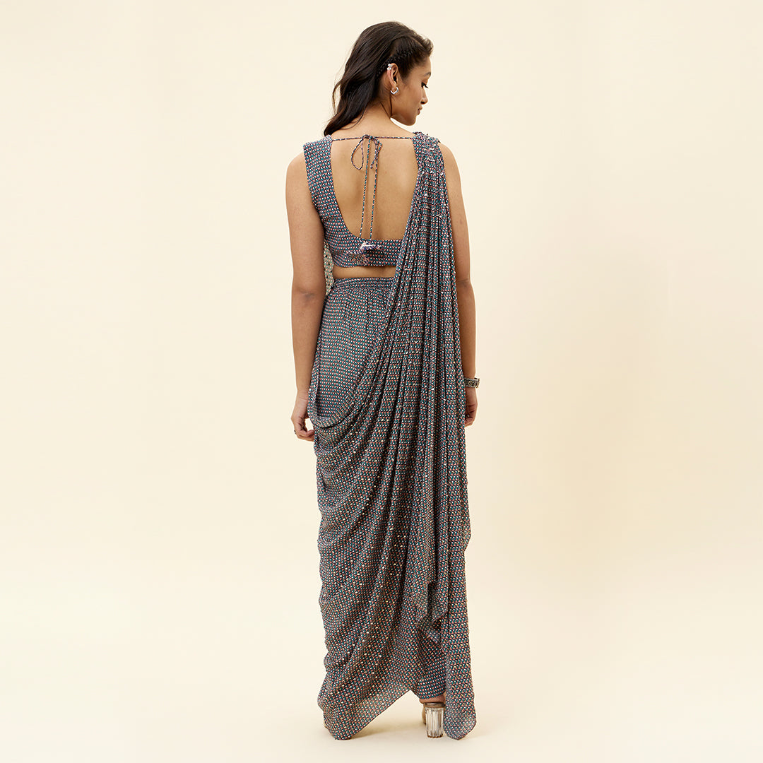 PINK BUTTI PRINT EMELLISHED DRAPED TOP TEAMD WITH PANTS