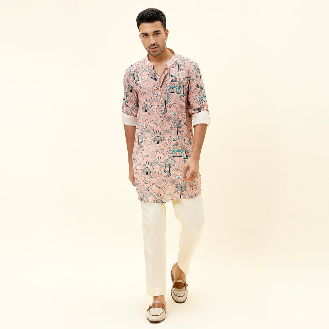 PINK MOR JAAL PRINT SHORT SHIRT STYLE KURTA WITH ROLLED UP SLEEVES