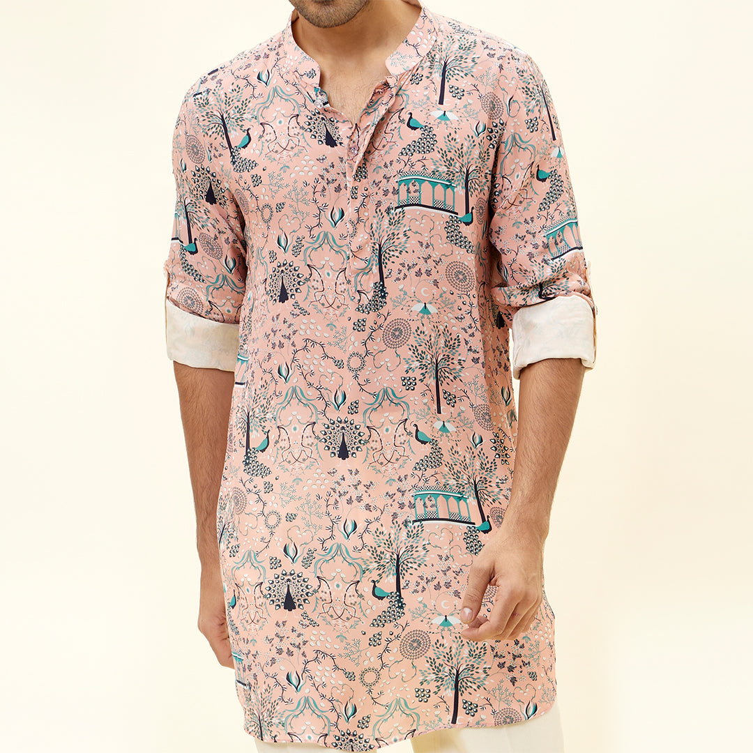 PINK MOR JAAL PRINT SHORT SHIRT STYLE KURTA WITH ROLLED UP SLEEVES