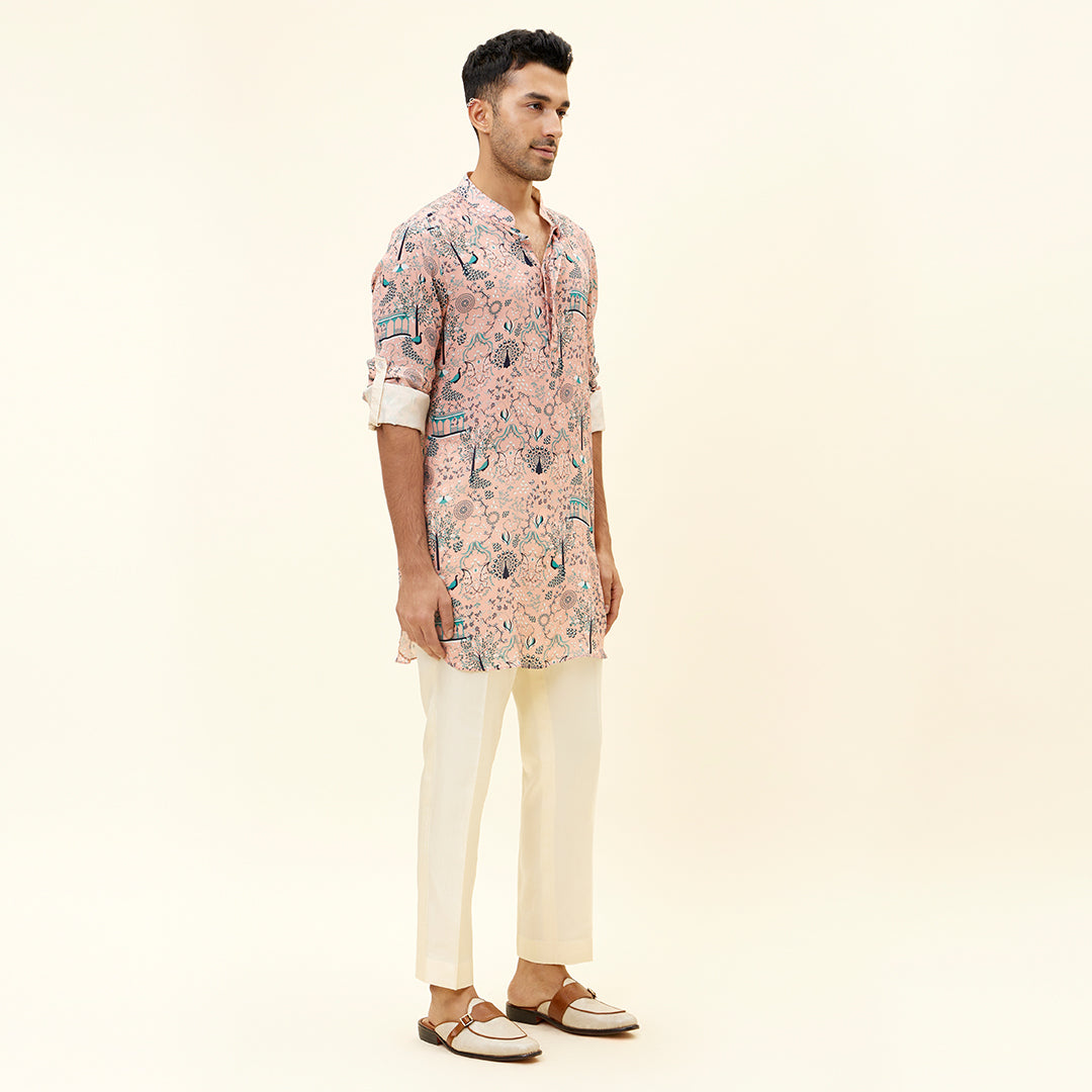 PINK MOR JAAL PRINT SHORT SHIRT STYLE KURTA WITH ROLLED UP SLEEVES
