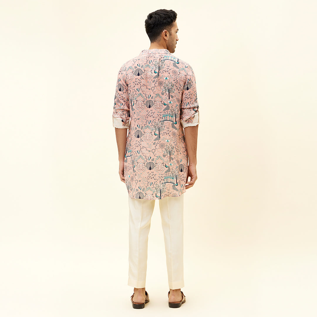 PINK MOR JAAL PRINT SHORT SHIRT STYLE KURTA WITH ROLLED UP SLEEVES