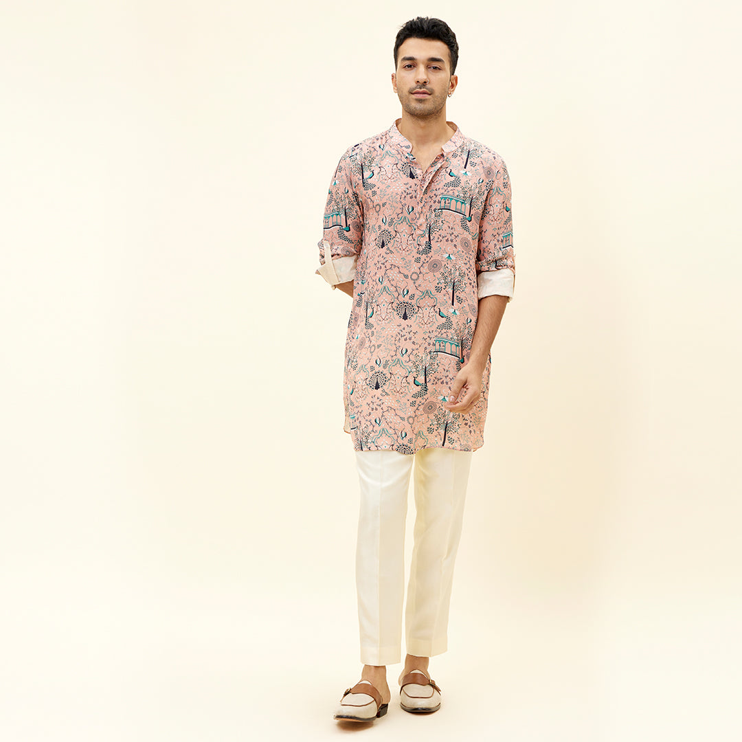 PINK MOR JAAL PRINT SHORT SHIRT STYLE KURTA WITH ROLLED UP SLEEVES