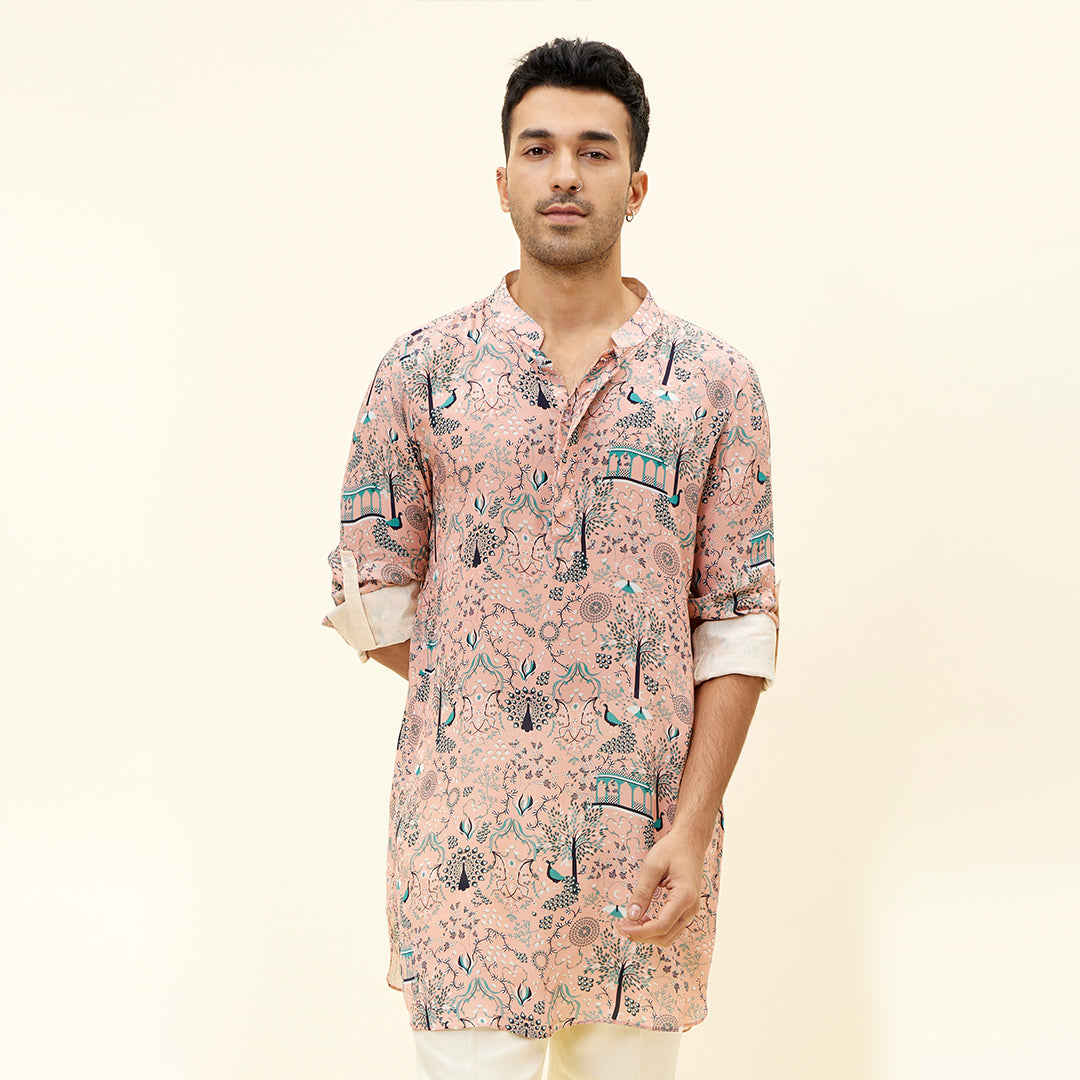 PINK MOR JAAL PRINT SHORT SHIRT STYLE KURTA WITH ROLLED UP SLEEVES