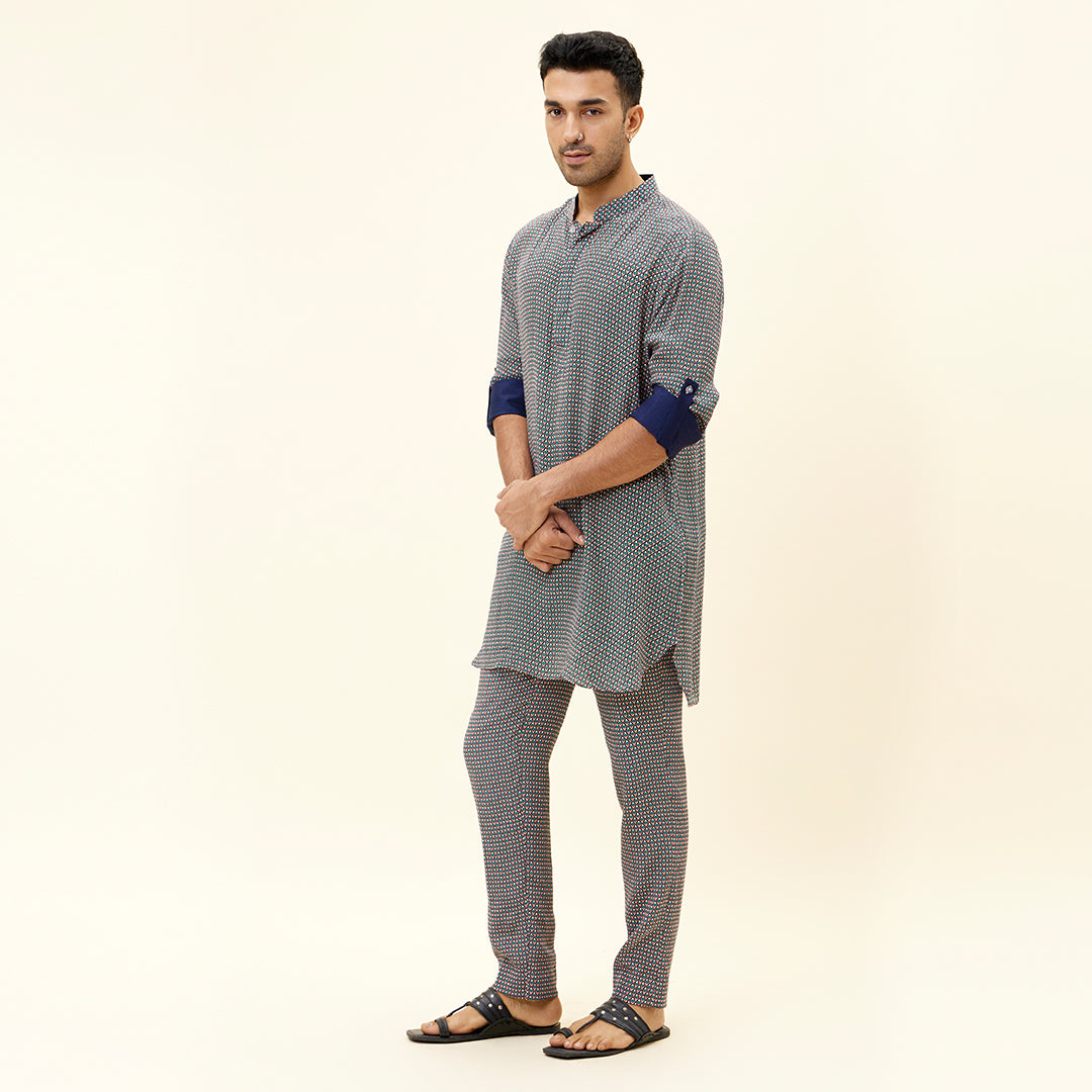 PINK BUTTI PRINT SHORT SHIRT STYLE KURTA WITH ROLLED UP SLEEVES WITH PANTS