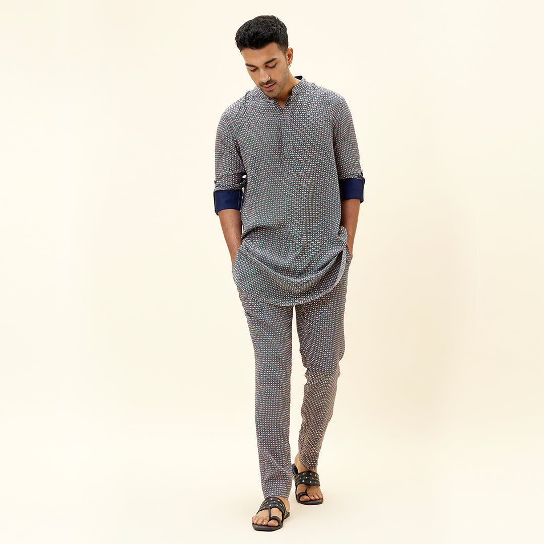 PINK BUTTI PRINT SHORT SHIRT STYLE KURTA WITH ROLLED UP SLEEVES