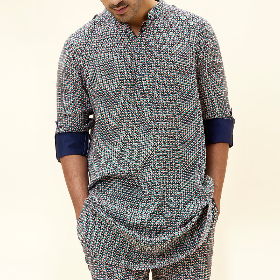 PINK BUTTI PRINT SHORT SHIRT STYLE KURTA WITH ROLLED UP SLEEVES