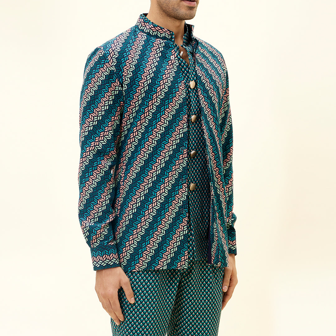 MOR AUR FUAARA BLUE LEAF PRINT FULL SLEEVES SHACKET