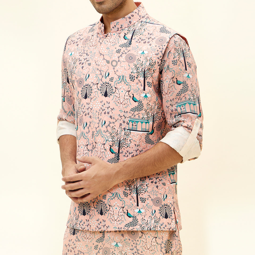 PINK MOR JAAL PRINT SILK BUNDI