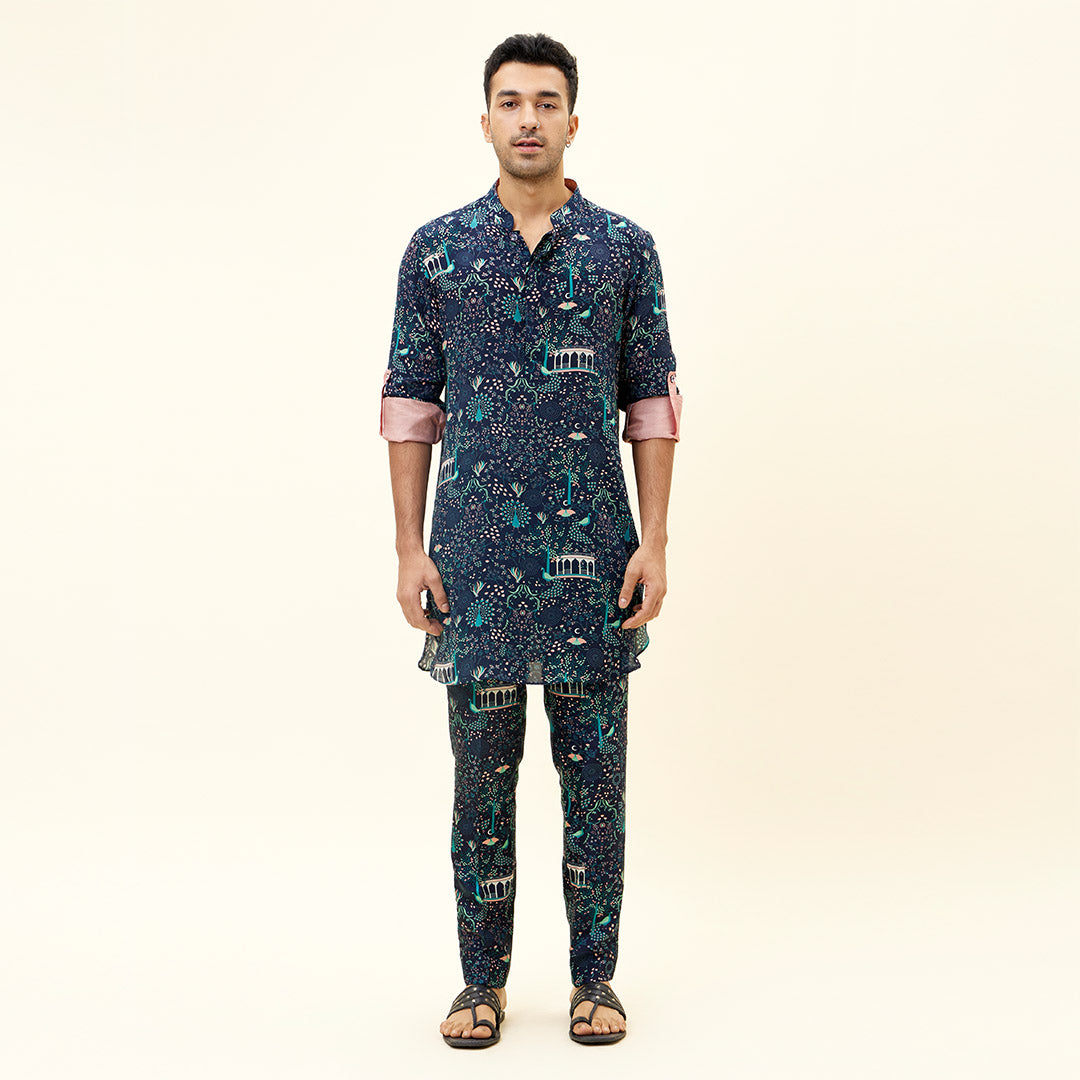 BLUE MOR JAAL PRINT SHORT SHIRT STYLE KURTA WITH ROLLED UP SLEEVES