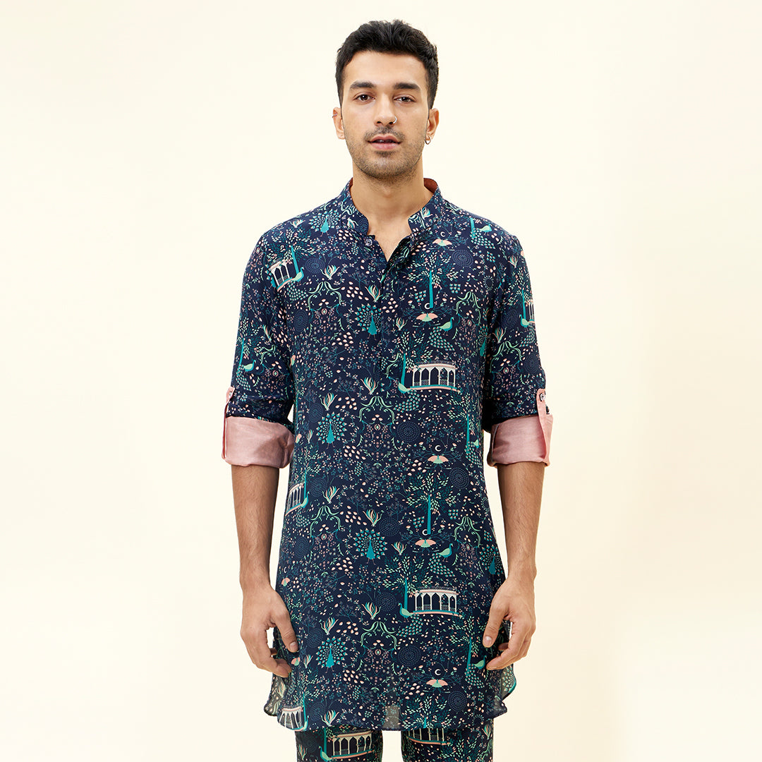 BLUE MOR JAAL PRINT SHORT SHIRT STYLE KURTA WITH PANTS
