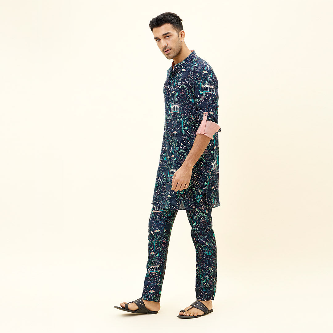 BLUE MOR JAAL PRINT SHORT SHIRT STYLE KURTA WITH ROLLED UP SLEEVES