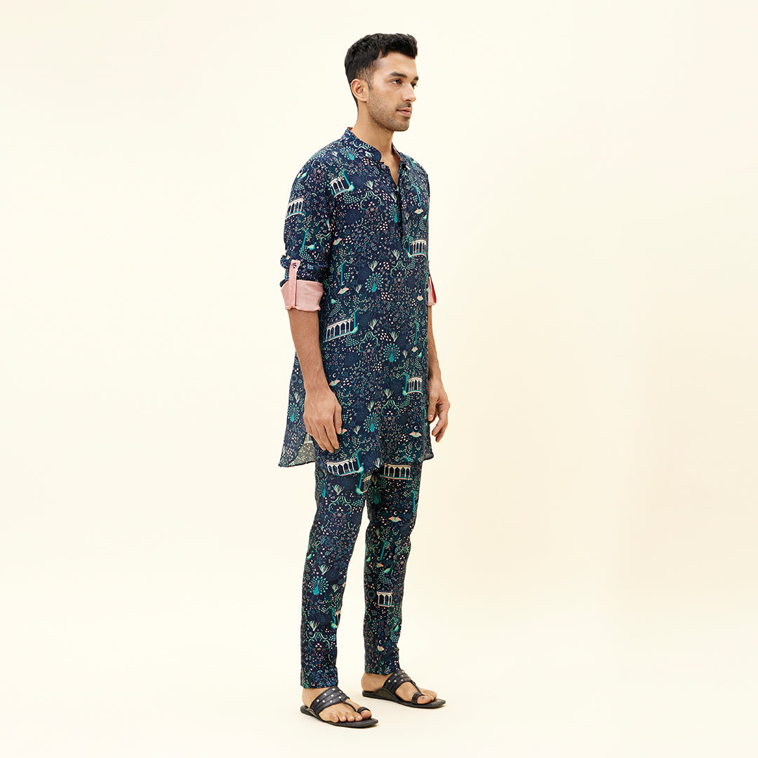BLUE MOR JAAL PRINT SHORT SHIRT STYLE KURTA WITH PANTS
