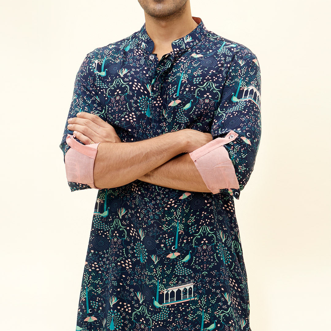 BLUE MOR JAAL PRINT SHORT SHIRT STYLE KURTA WITH ROLLED UP SLEEVES