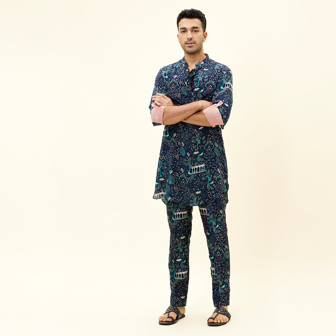 BLUE MOR JAAL PRINT SHORT SHIRT STYLE KURTA WITH PANTS