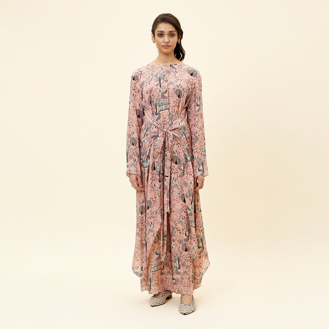 PINK MOR JAAL PRINT FRONT TIE UP TUNIC SET
