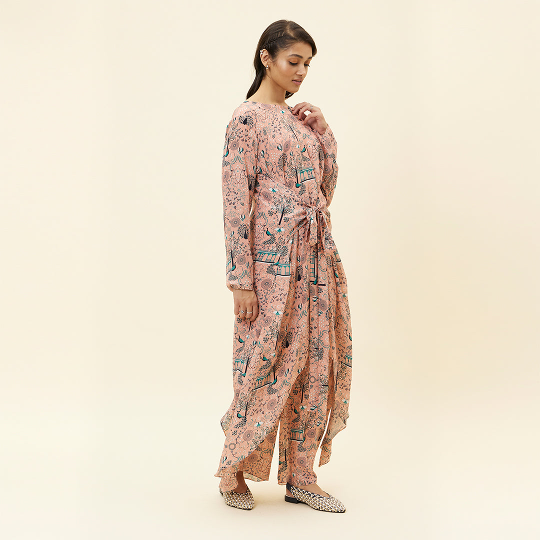 PINK MOR JAAL PRINT FRONT TIE UP TUNIC SET