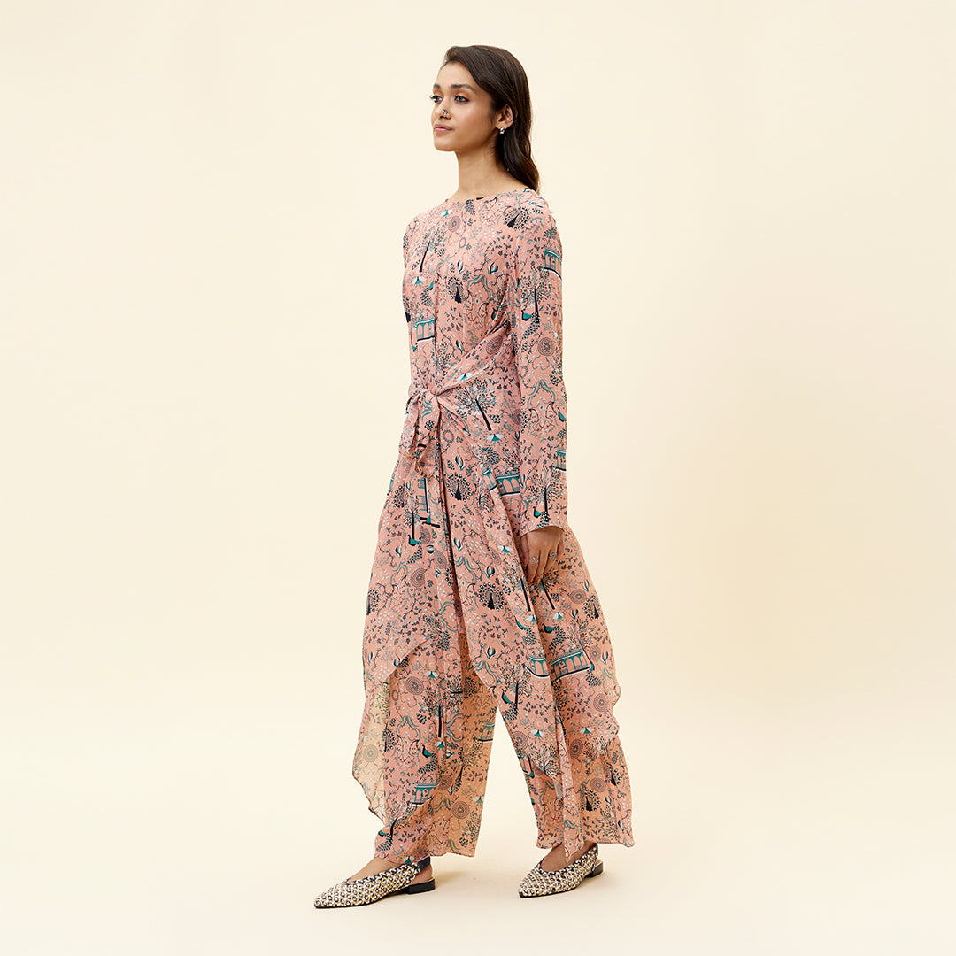 PINK MOR JAAL PRINT FRONT TIE UP TUNIC SET