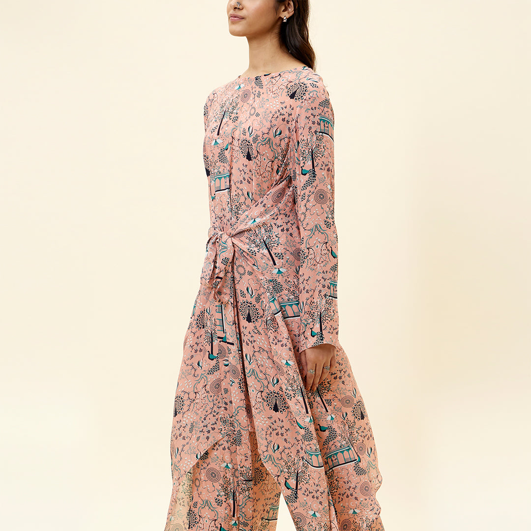 PINK MOR JAAL PRINT FRONT TIE UP TUNIC SET