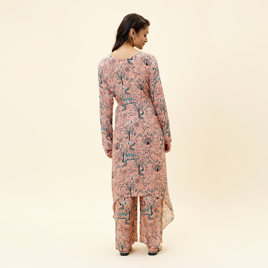 PINK MOR JAAL PRINT FRONT TIE UP TUNIC SET