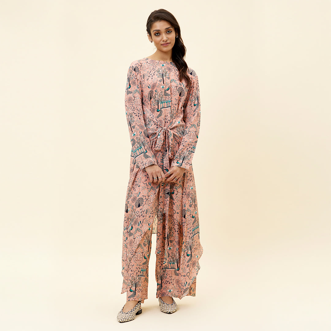PINK MOR JAAL PRINT FRONT TIE UP TUNIC SET