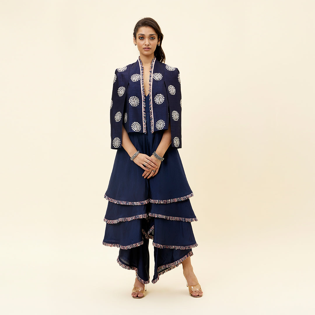 Blue peacock motif noor jacket with layered jumpsuit