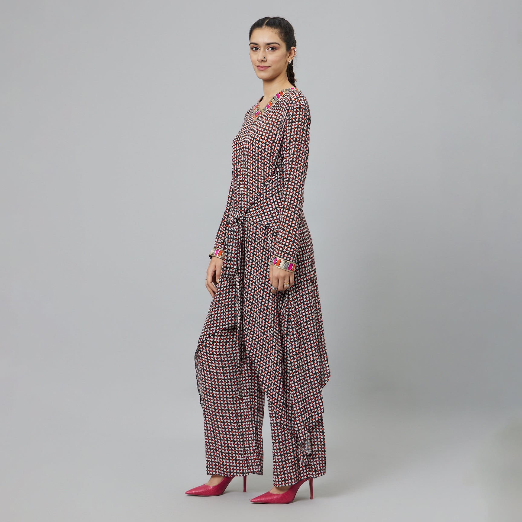 BLACK GEOMETRIC PRINT FRONT TIE UP TUNIC SET