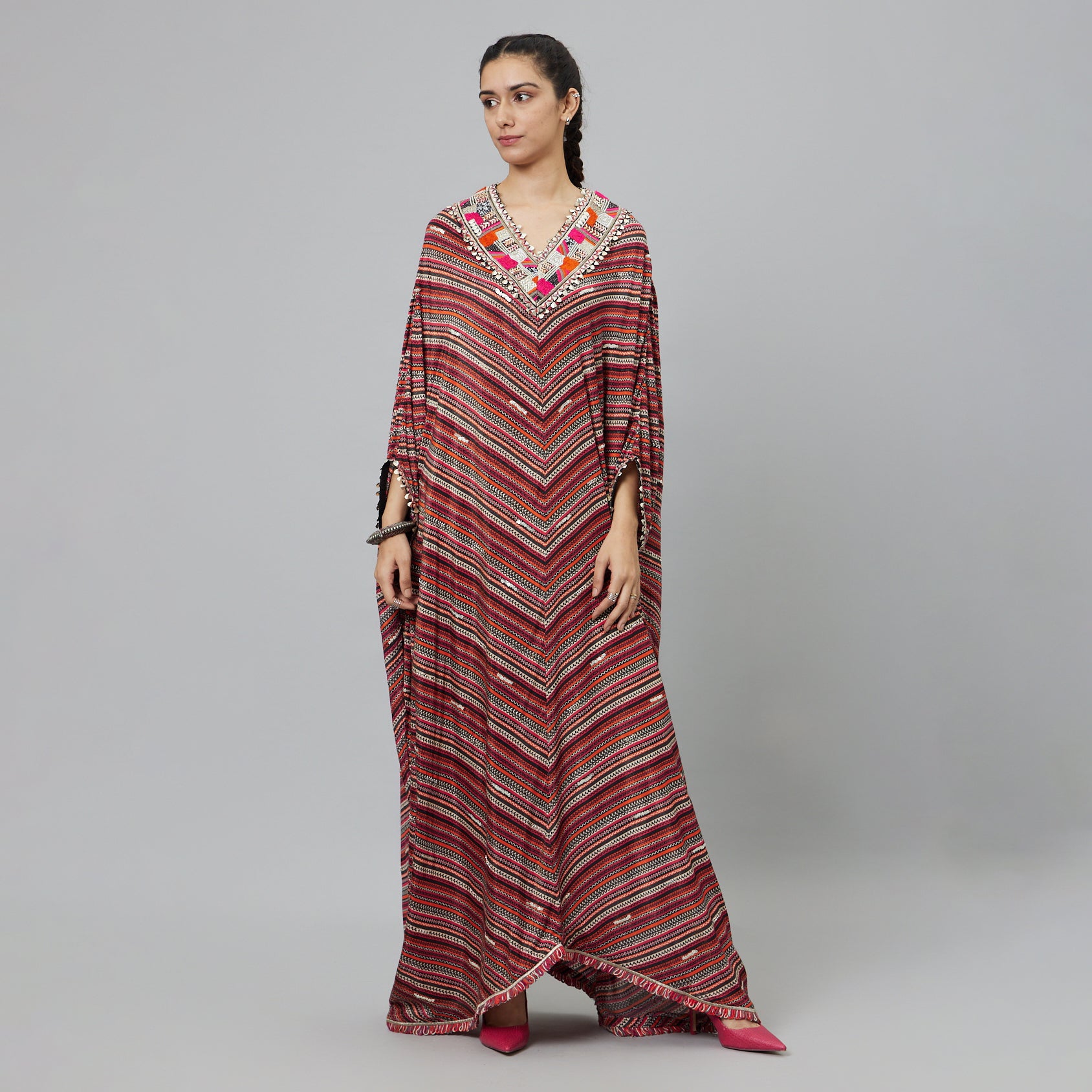 BOHEMAIN STRIPE PRINT V-NECK KAFTAN