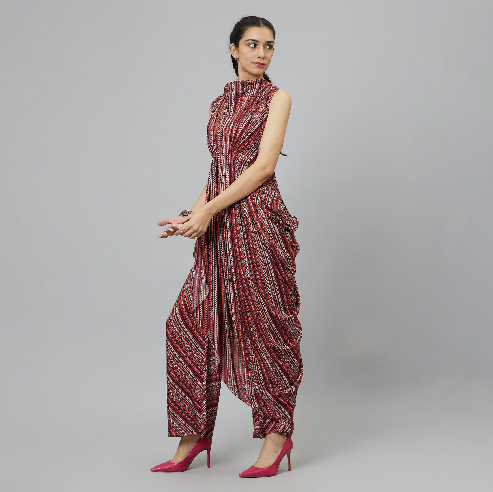 BOHEMIAN STRIPE PRINT CROP TOP WITH ATTACHED DRAPE WITH PANTS