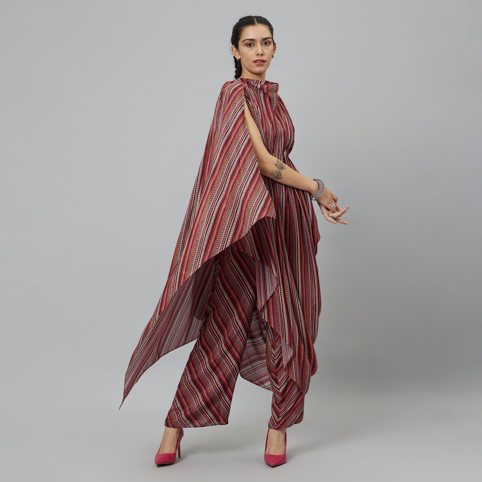 BOHEMIAN STRIPE PRINT CROP TOP WITH ATTACHED DRAPE WITH PANTS