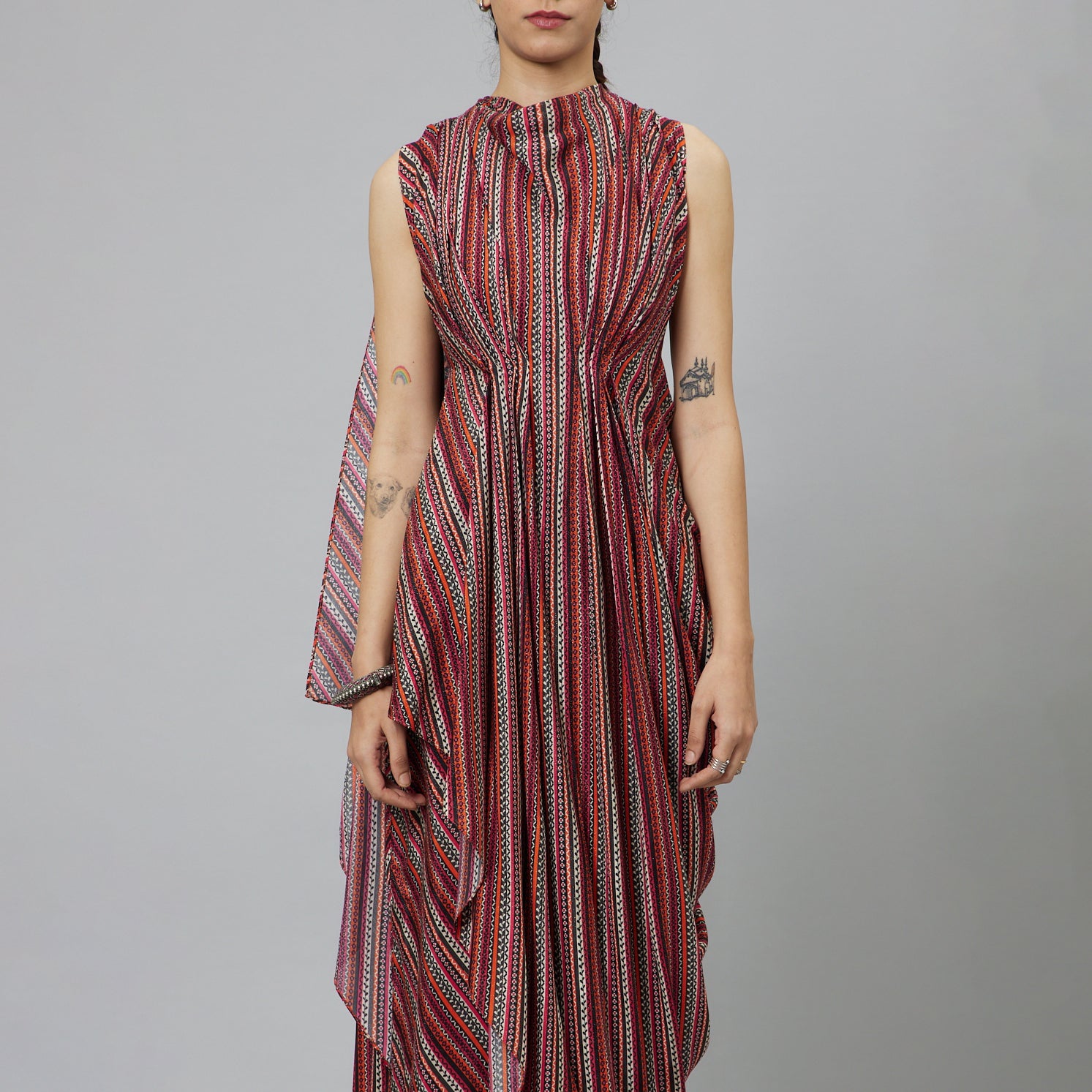 BOHEMIAN STRIPE PRINT CROP TOP WITH ATTACHED DRAPE WITH PANTS