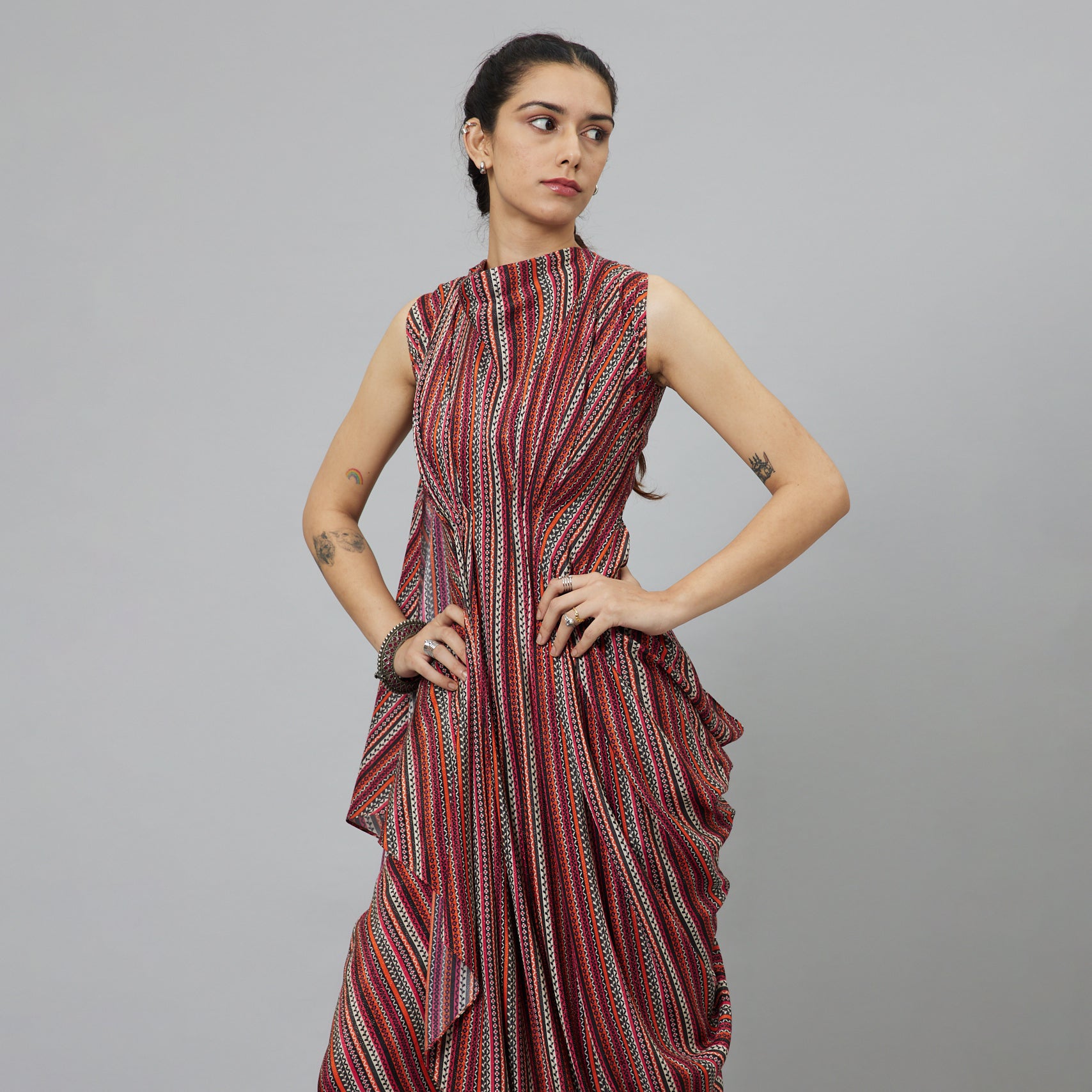 BOHEMIAN STRIPE PRINT CROP TOP WITH ATTACHED DRAPE WITH PANTS