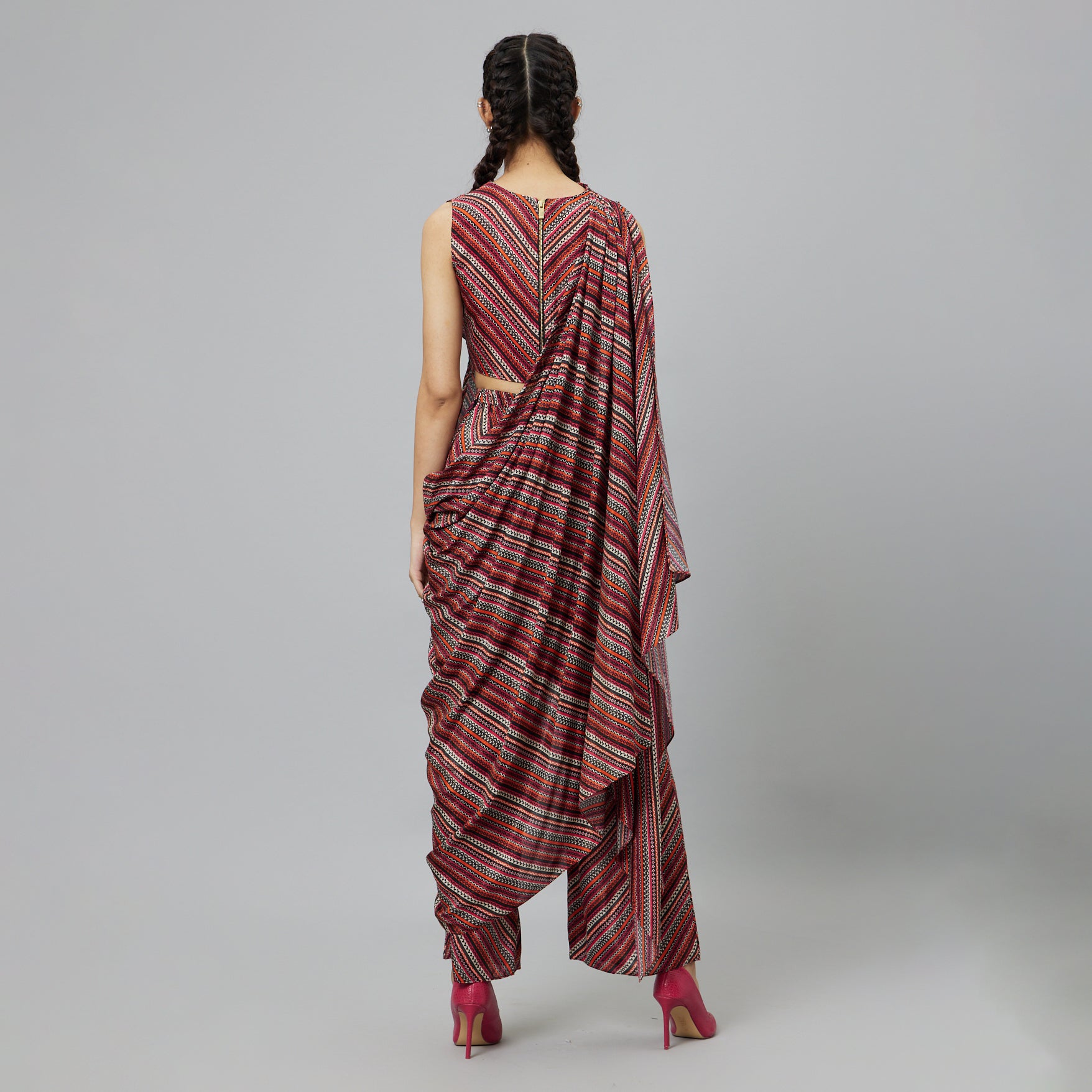 BOHEMIAN STRIPE PRINT CROP TOP WITH ATTACHED DRAPE WITH PANTS