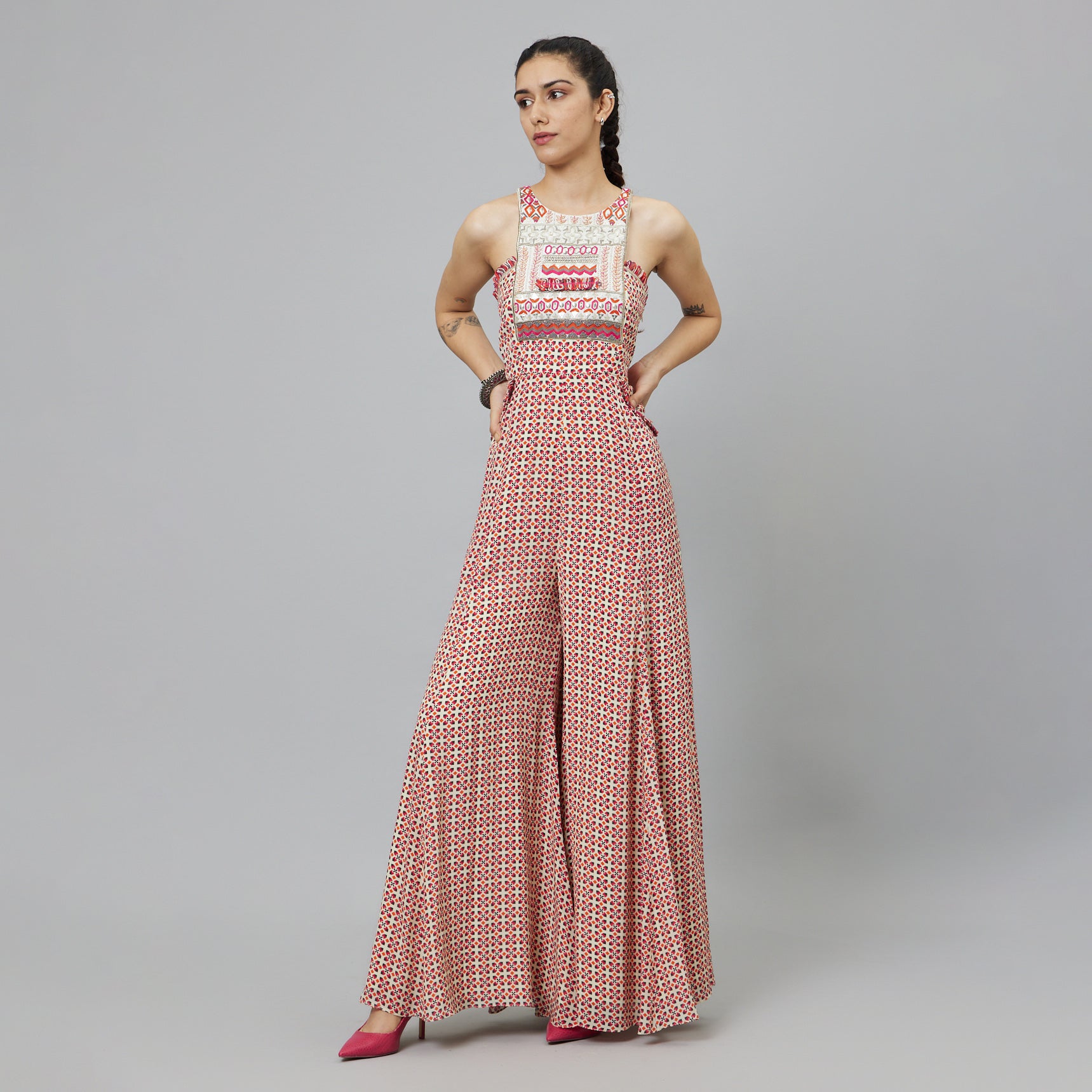 IVORY GEOMETRIC PRINT PRINT YOKE STYLE JUMPSUIT