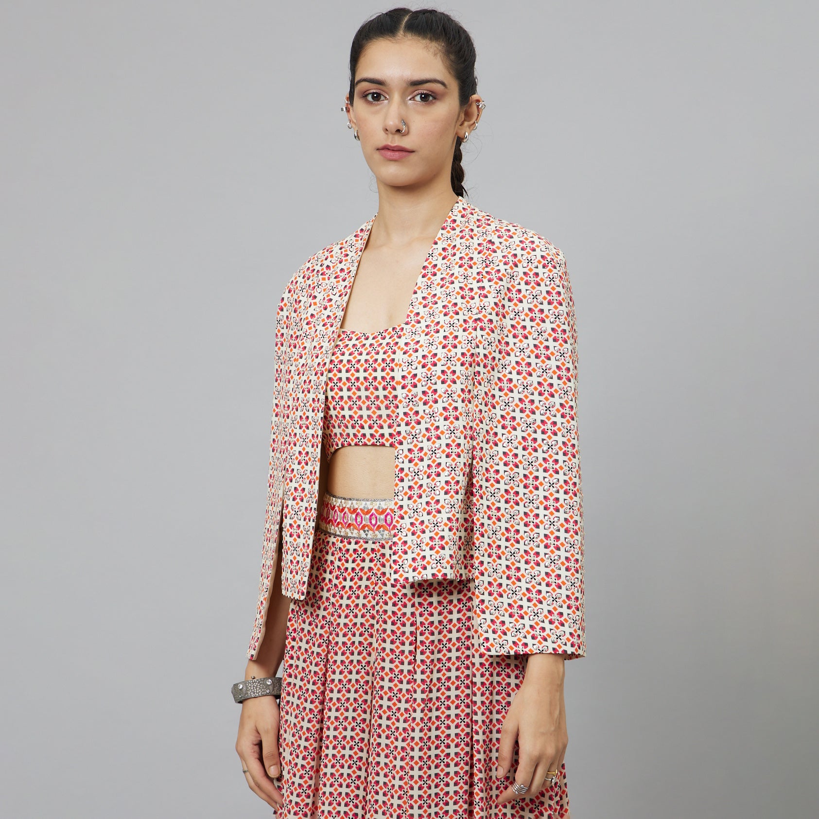 IVORY GEOMETRIC PRINT NOOR JACKET SET