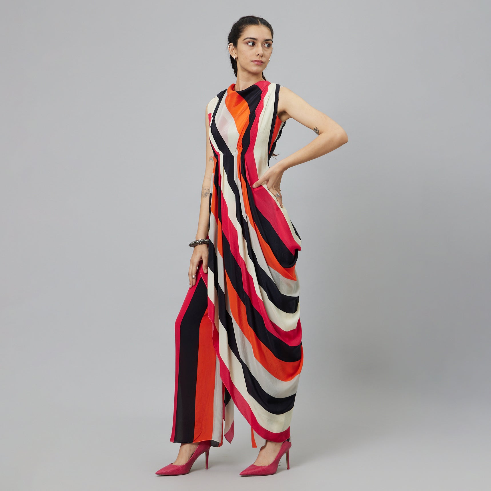SHAHAR STRIPE PRINT CROP TOP WITH ATTACHED DRAPE WITH PANTS