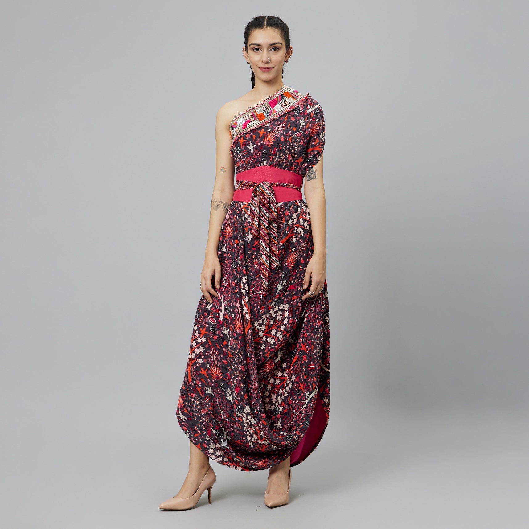 CONCRETE JUNGLE PRINT ONE SHOULDER COWL DRESS