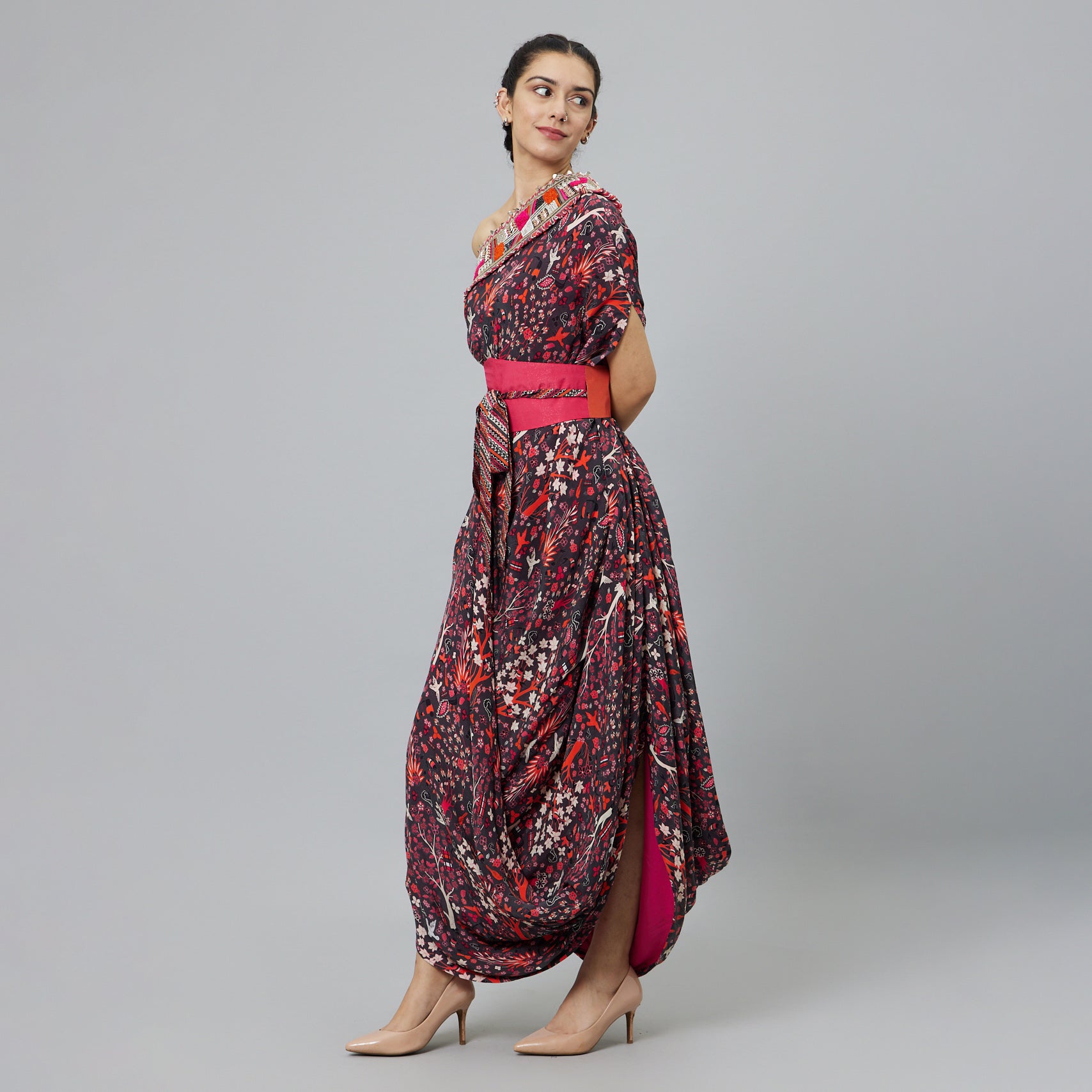 CONCRETE JUNGLE PRINT ONE SHOULDER COWL DRESS