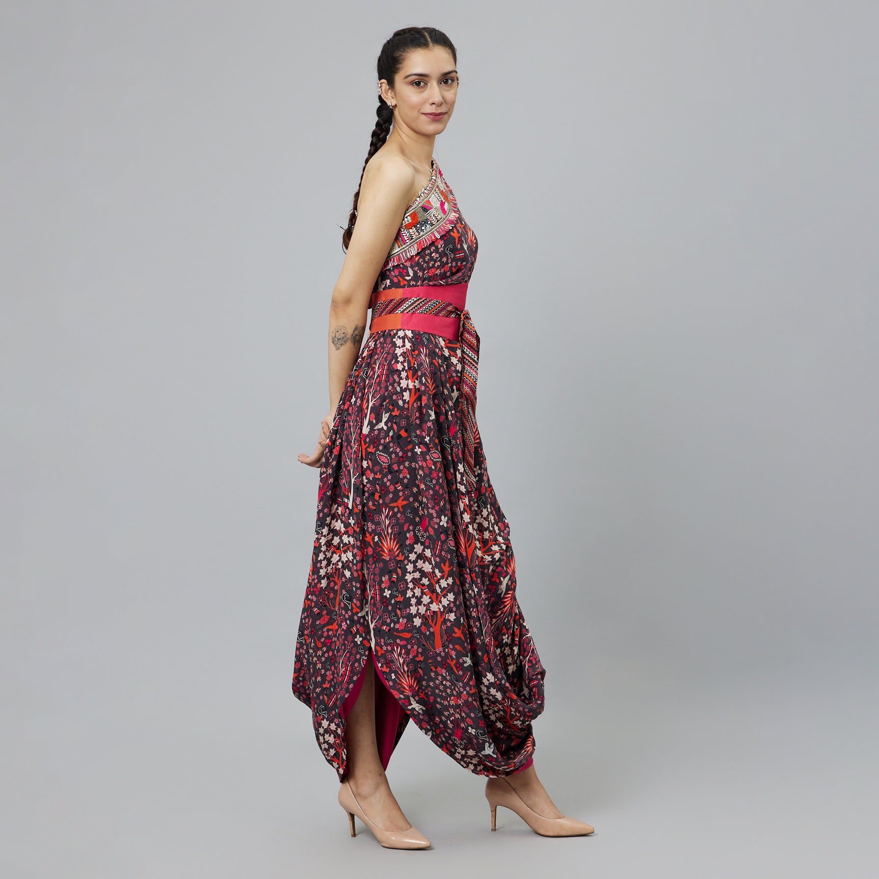 CONCRETE JUNGLE PRINT ONE SHOULDER COWL DRESS