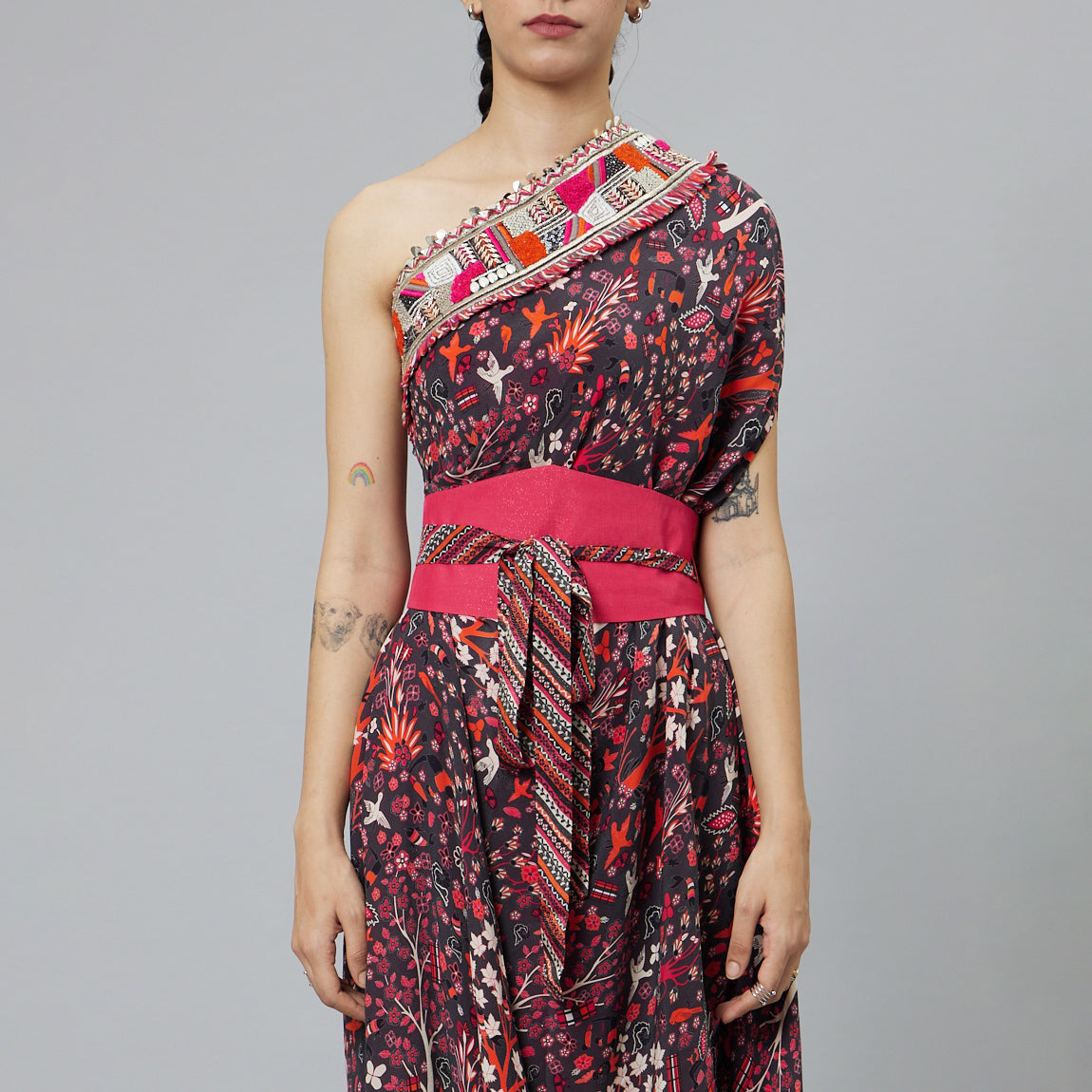 CONCRETE JUNGLE PRINT ONE SHOULDER COWL DRESS