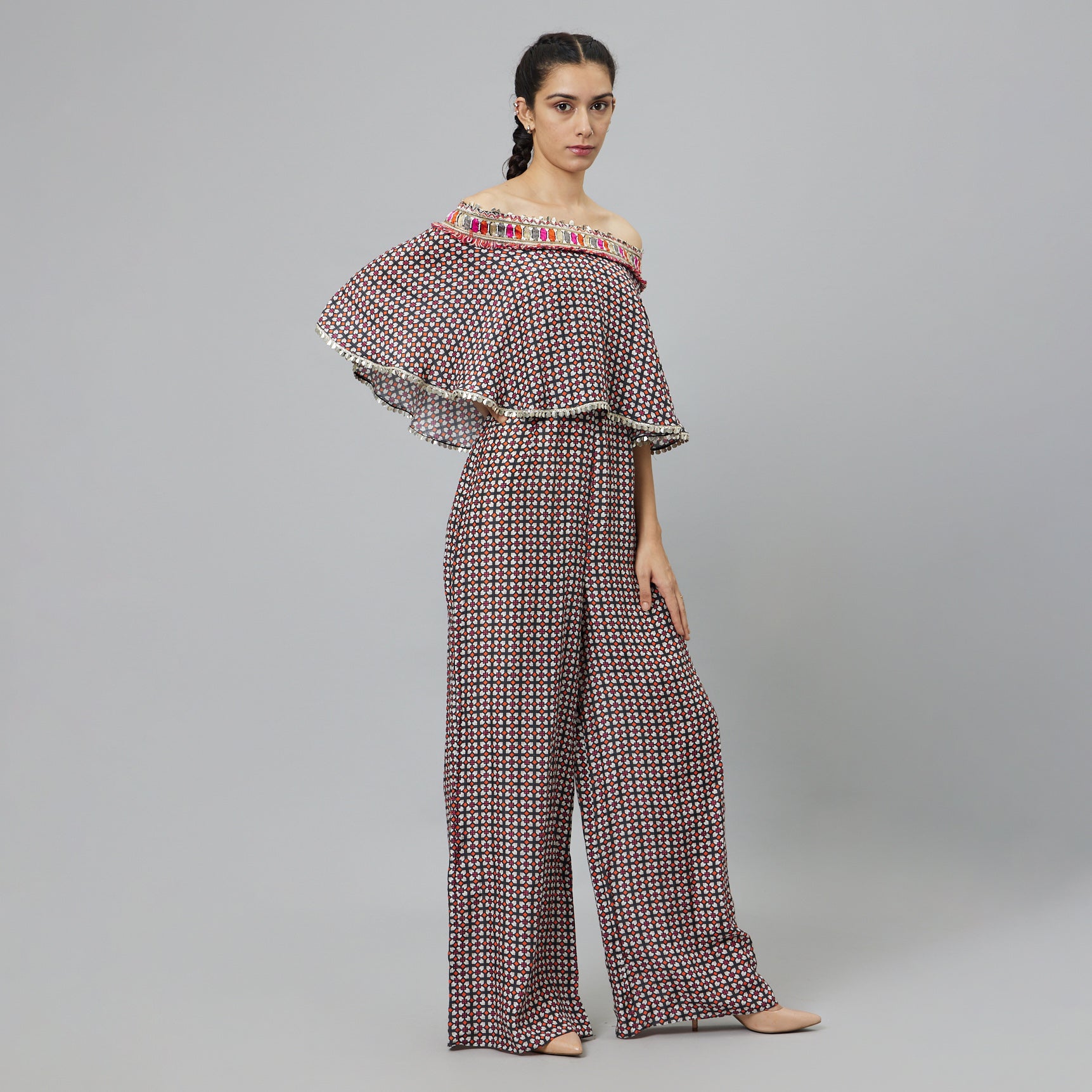 BLACK GEOMETRIC PRINT OFF-SHOULDER JUMPSUIT