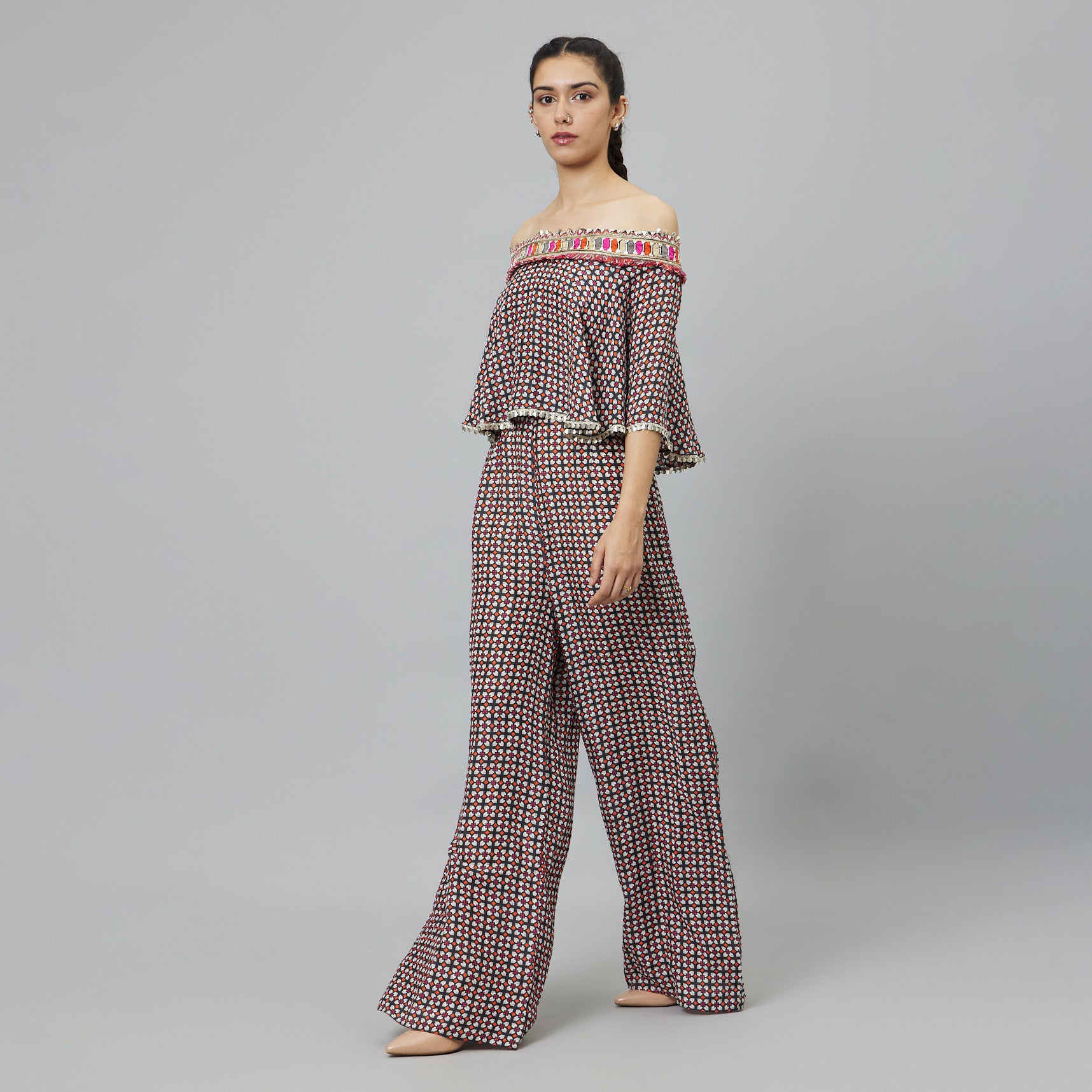 BLACK GEOMETRIC PRINT OFF-SHOULDER JUMPSUIT