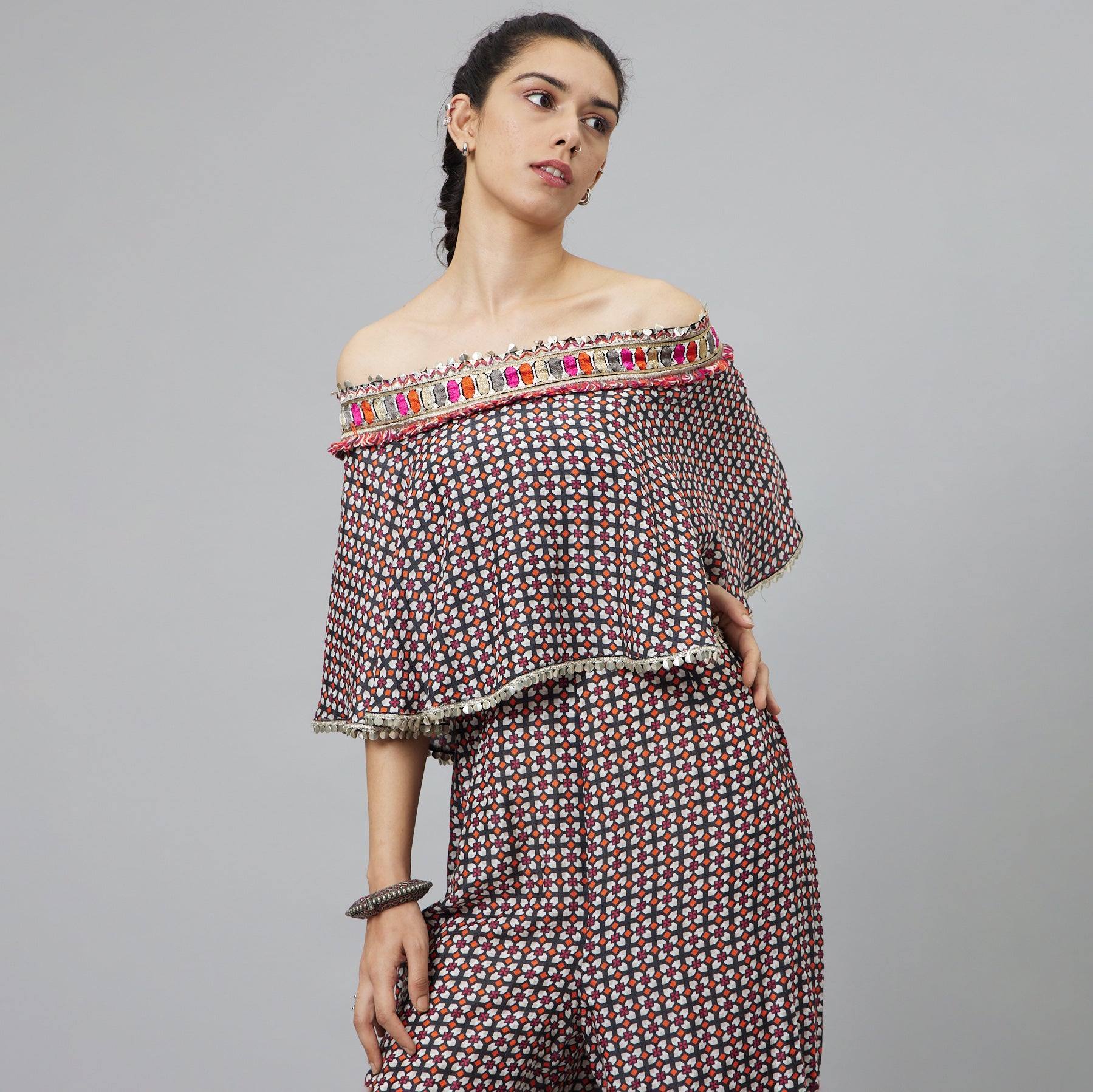 BLACK GEOMETRIC PRINT OFF-SHOULDER JUMPSUIT