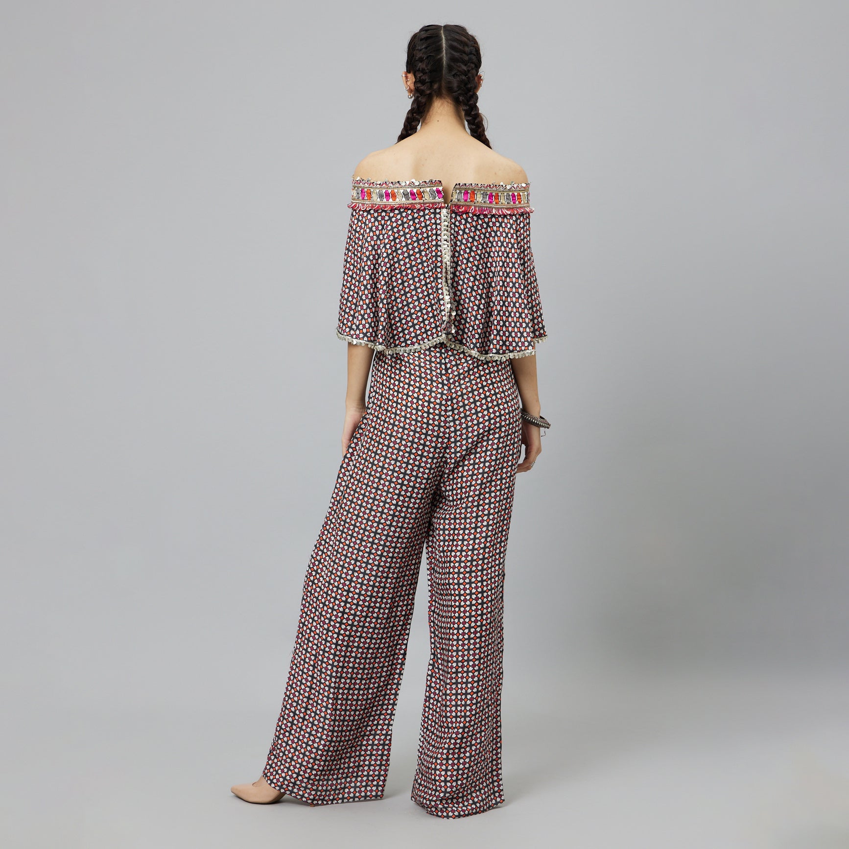 BLACK GEOMETRIC PRINT OFF-SHOULDER JUMPSUIT